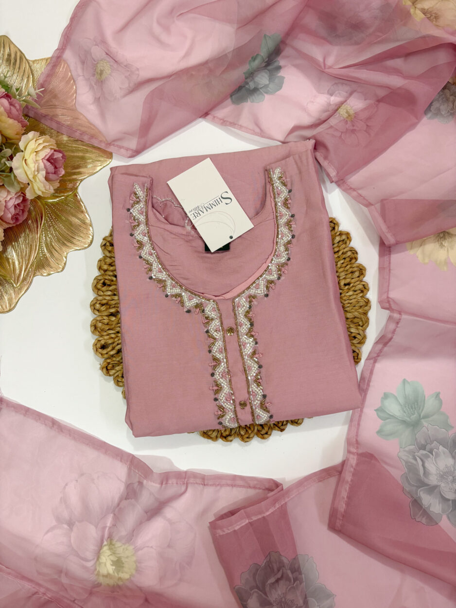 Blush Pink Handwork Roman Silk Kurta Set