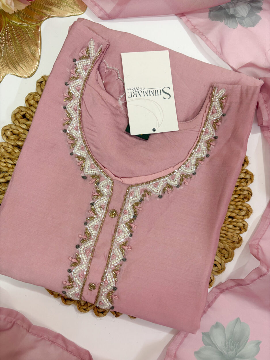 Blush Pink Handwork Roman Silk Kurta Set - Image 2