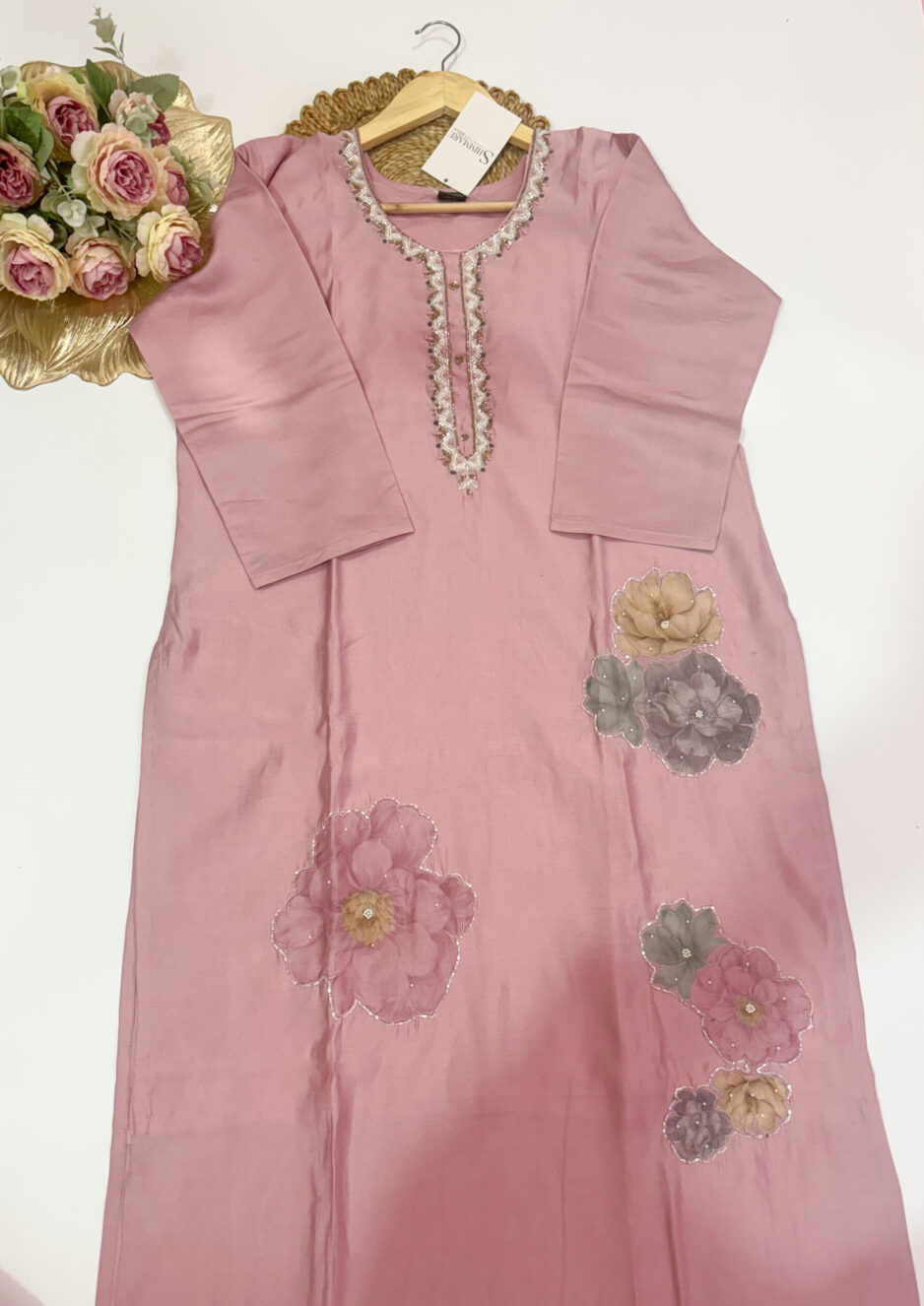 Blush Pink Handwork Roman Silk Kurta Set - Image 3