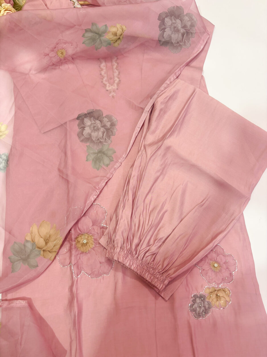 Blush Pink Handwork Roman Silk Kurta Set - Image 4