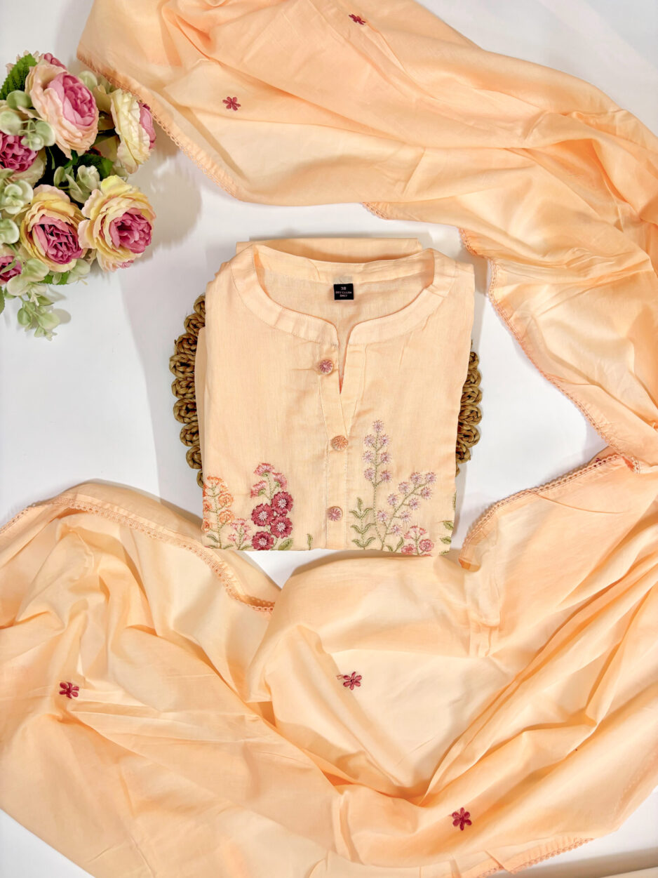 Peach Mul Cotton Anarkali Suit Set 3-Piece
